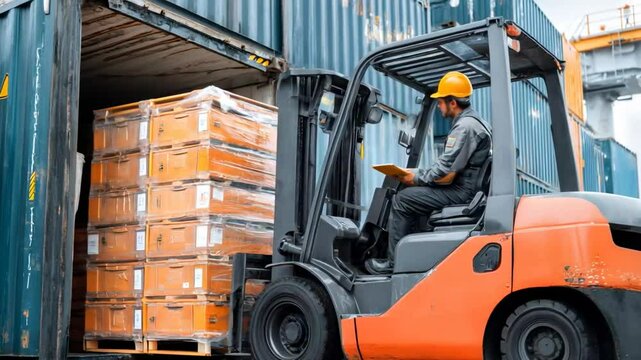 A worker operating a forklift is unloading pallets from a shipping container at a logistics facility.