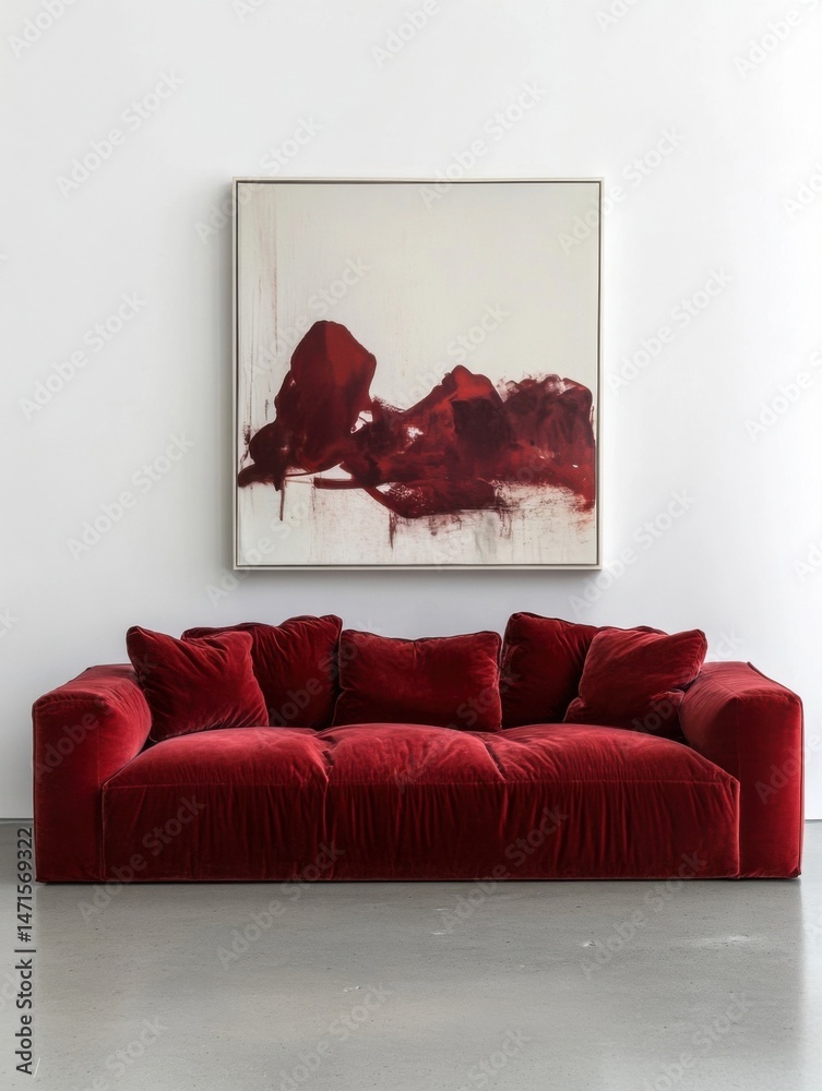 Poster crimson velvet sofa with abstract maroon painting in modern minimalist interior setting. the plush c