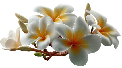 Fototapeta premium Radiant Plumeria Blossoms: A cluster of vibrant plumeria flowers, showcasing their delicate white petals and sun-kissed yellow centers, a symbol of tropical beauty and tranquility.