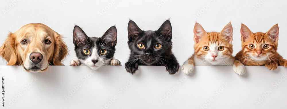 Poster golden retriever and three adorable kittens peek over a white banner, showcasing their playful and c