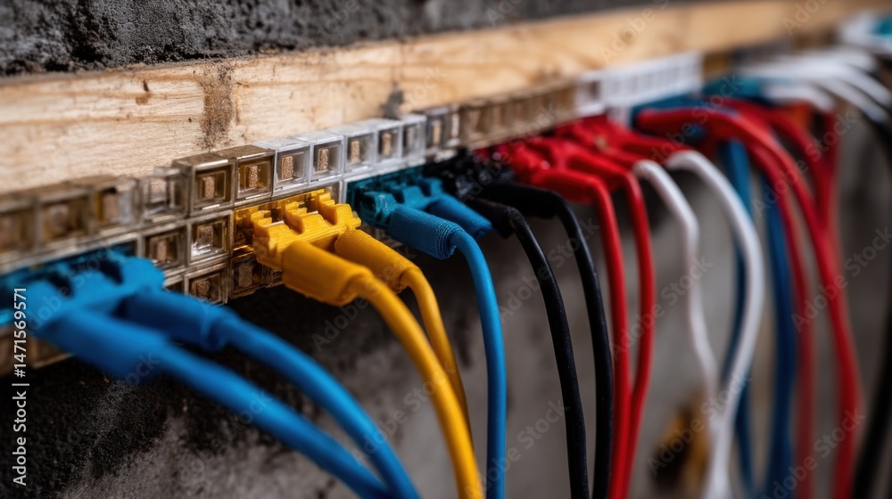 Aufkleber Closeup of colorful network cables plugged into a wooden patch panel mounted on a concrete wall, showcasing vibrant hues and intricate details of the wiring system. : Generative AI