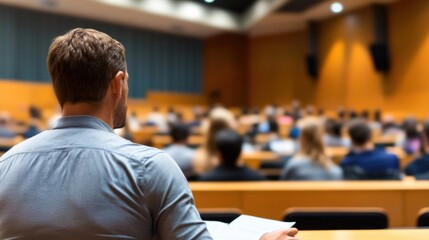Obraz premium A man sits in a lecture hall, attentively listening to a presentation, while numerous students fill the rows behind him, blurred in the background. : Generative AI