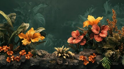 A vibrant floral arrangement featuring various tropical flowers against a dark background.