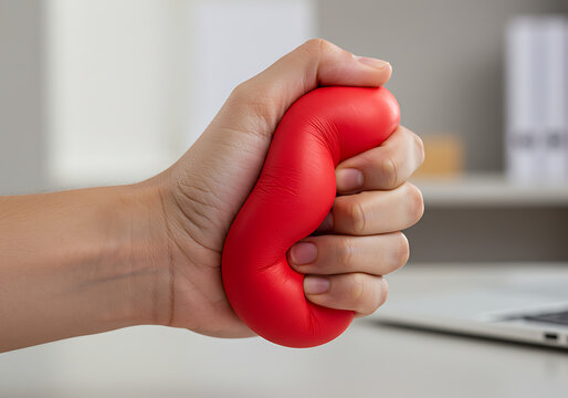 Stress Relief: A Hand Squeezing a Red Ball as a Coping Mechanism at Workplace