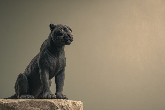 A statuesque black panther perched atop a stone outcrop.