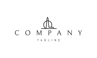 Vector logo with an abstract image of a lighthouse against the backdrop of a rising sun.