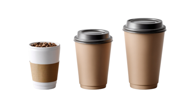 Coffee Cup Variety: The image presents a trio of coffee cups in different sizes, ready to enjoy a warm beverage. These cups, with varied designs and capacities.