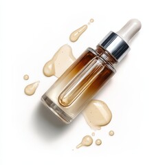 Amber Glass Dropper Bottle of Serum Spilled on White Background Skincare Product Presentation