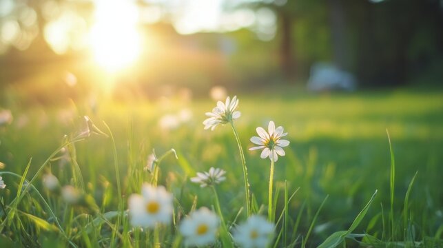 Two daisies stand tall in a sunlit meadow, their white petals glowing against the vibrant green grass and warm sunset light. : Generative AI - Powered by Adobe