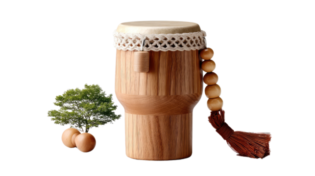 Elegant Drum with Natural Elements: A finely crafted drum, adorned with intricate details, stands alongside natural elements like small trees and a string of beads.