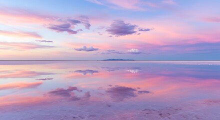 Fototapeta premium Pastel skies over salt flats with mirror reflections. Serene sunset colors and cloud patterns ideal for background or calming visuals.