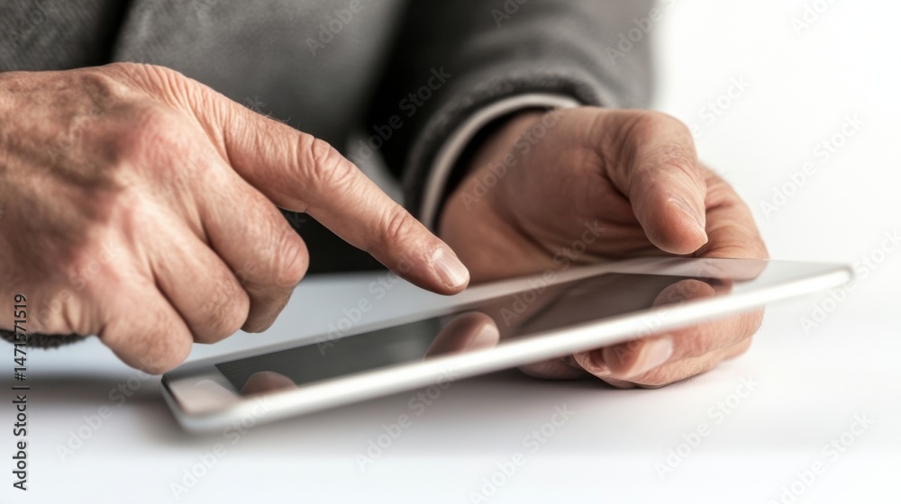 Aufkleber close-up of senior man's hands using a tablet computer, fingers touching the screen, showcasing tech