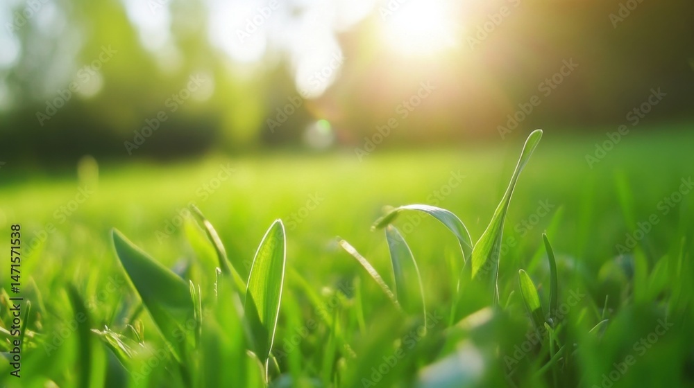 Poster Close-up view of vibrant green grass blades illuminated by warm sunlight, creating a tranquil and peaceful nature scene. : Generative AI