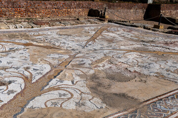 The beautiful  Ibexes Mosaic Hall floor in Caesarea, Israel.
