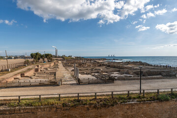 Ancient ruins of Caesarea at the edge of the Mediterranean Sea in Caesarea, Israel.
