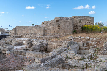 Ancient ruins of Caesarea at the edge of the Mediterranean Sea in Caesarea, Israel.

