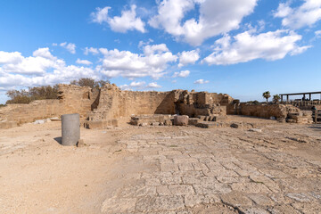 Ancient ruins of Caesarea at the edge of the Mediterranean Sea in Caesarea, Israel.
