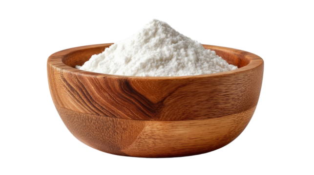Flour Bowl: A close-up shot of a wooden bowl filled with a pile of white flour, evoking a sense of culinary creativity and the raw materials of home-baked goodness.