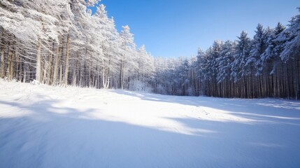 Fototapeta premium Sunlit snow drifts in a winter forest, showcasing snow-covered pine trees under a vibrant blue sky. The scene evokes serenity and the beauty of a cold, crisp winter day. : Generative AI