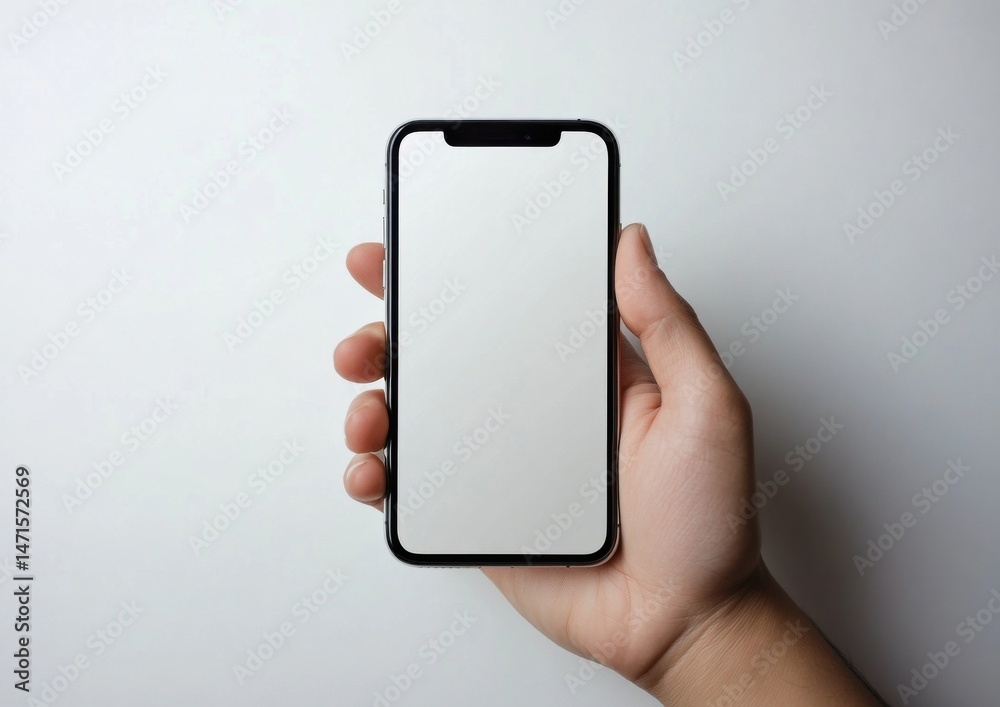 Poster a person's hand holding a smartphone with a blank white screen, showcasing a modern mobile device ag
