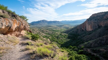 Fototapeta premium A scenic hiking trail winds along a rocky cliff overlooking a lush green valley, with distant mountains under a bright blue sky. : Generative AI