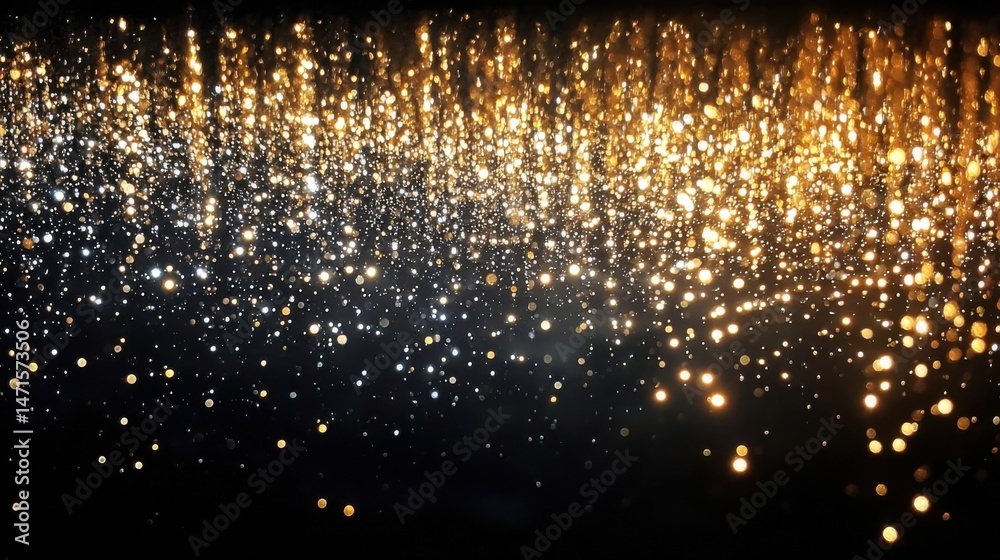 Poster a mesmerizing cascade of gold and silver glitter descends against a deep black backdrop, creating a 