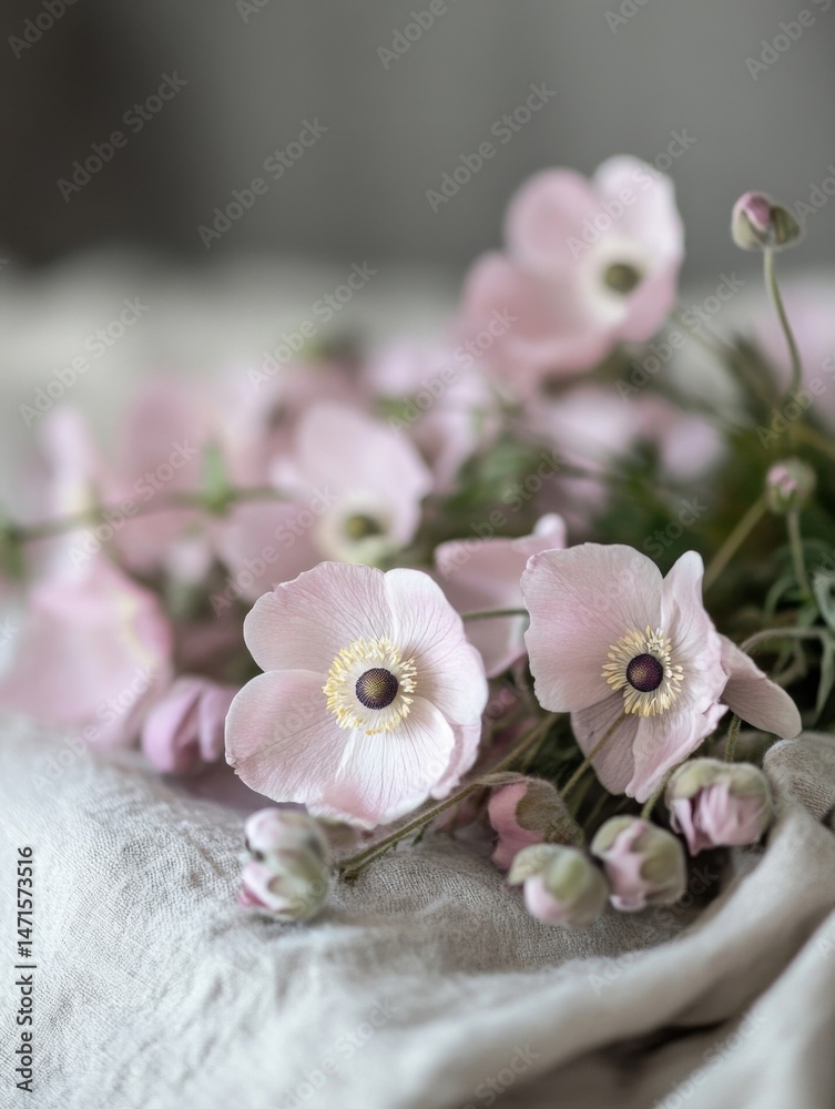 Poster delicate pink anemone blossoms rest gently on a textured linen fabric, creating a serene and elegant