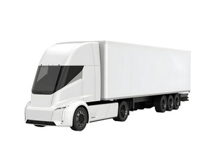 A big white cargo electric truck, essential for commercial freight transportation and the trucking industry, is isolated on a white background