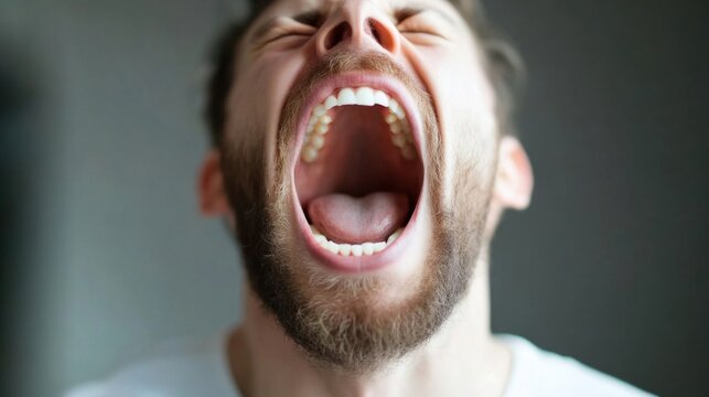 Close-up portrait of a man with a beard, his mouth wide open in a yell, showing teeth and tongue.  High-detail image of human expression and emotion. : Generative AI
