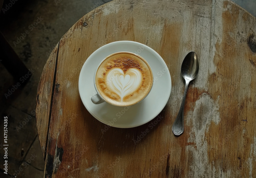 Poster aromatic cappuccino with heart-shaped latte art served in a white cup on a rustic wooden table, acco