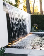 Modern waterfall feature in garden