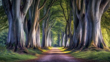 Sunlit path through a majestic avenue of ancient beech trees, their gnarled trunks creating a cathedral-like canopy overhead. : Generative AI