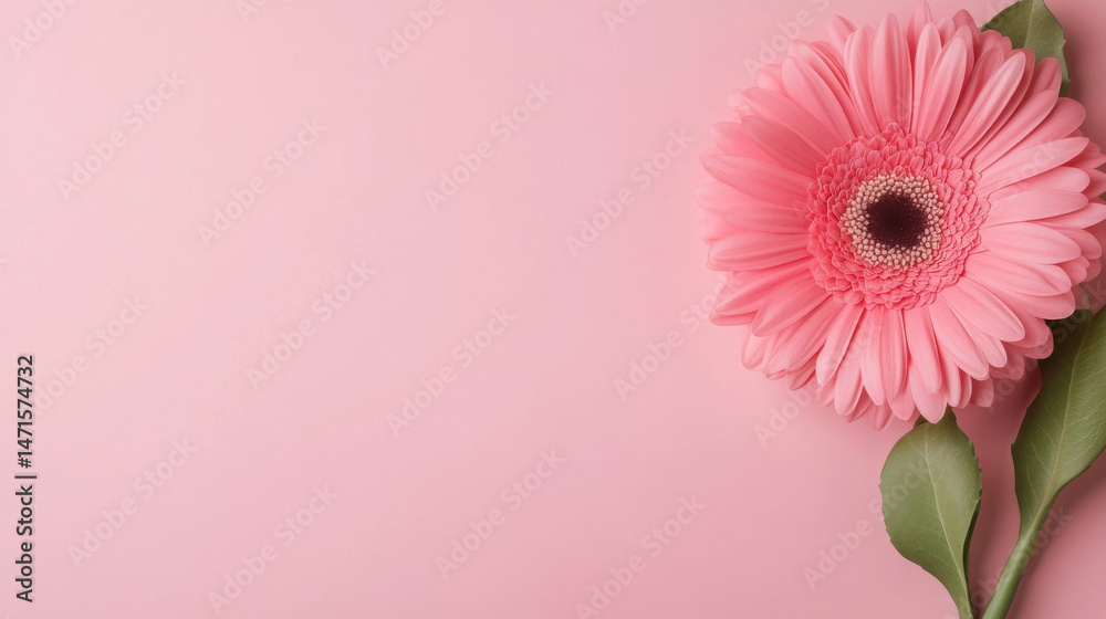 Poster a single pink gerbera daisy rests elegantly on a pale pink background, its petals softly illuminated
