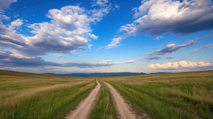 Obraz premium A dirt road stretches towards distant hills under a vibrant blue sky adorned with fluffy cumulus clouds, creating a serene and peaceful landscape. : Generative AI