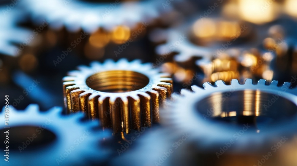 Poster Close-up view of intricate metallic gears, showcasing precision engineering and complex mechanics.  The gold and silver tones highlight the detailed craftsmanship. : Generative AI