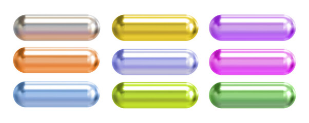 Glossy colorful 3D capsule buttons set in metallic chrome style on white background, includes silver, gold, purple, orange, blue, green, and pink pill shapes
