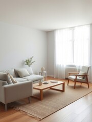 A modern living room interior showcases a comfortable sofa and stylish furniture, illuminated by a lamp in a well-designed home