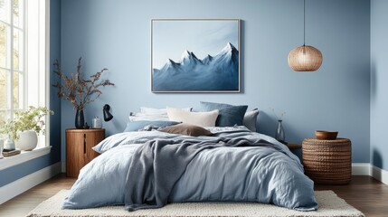 Serene bedroom with blue walls, a large mountain print above the bed, wooden nightstands, and a plush duvet