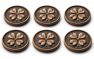 Fototapeta premium Six bronze coins featuring embossed four-leaf clovers, arranged in a grid pattern on a white background. Each coin displays intricate detailing and a rich, metallic texture. : Generative AI