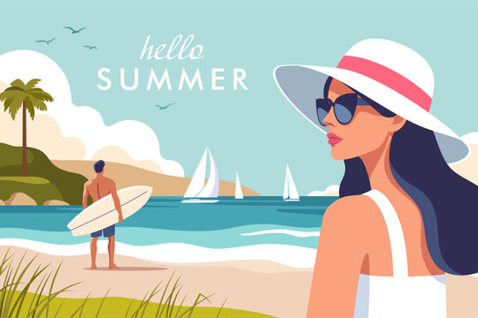 Summer time. Concept of summer party, vacation and travel. Woman in a hat and sunglasses on the beach, a man stands on the shore holding a surfboard of the shore. Vector illustration.