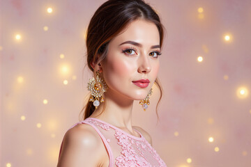 Young woman posing gracefully with elegant earrings against bokeh background  