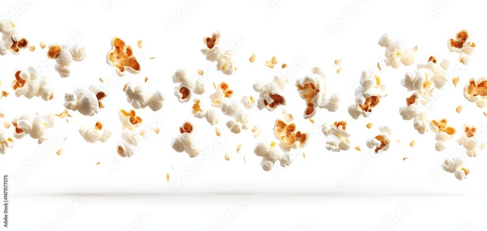 Poster A delightful cascade of fluffy popcorn kernels floats against a pristine white backdrop, showcasing the airy texture and golden-brown centers of each piece. : Generative AI