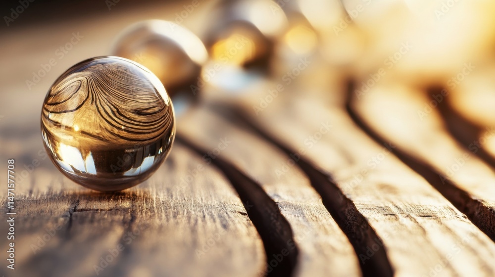Aufkleber Glass spheres reflecting wooden texture in warm sunlight, creating a serene and minimalist scene. : Generative AI