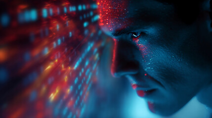 Close-up of a man's face, illuminated by red and blue light, showing water droplets, suggesting intensity and focus, symbolic of digital immersion or technological engagement