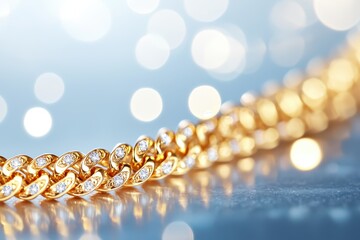 A sparkling gold chain with embedded diamonds is showcased against a soft, glittering blue background.
