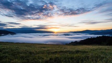 Fototapeta premium Serene sunrise over a sea of fog, nestled in the majestic Carpathian mountains. Golden hour light illuminates the cloudscape, creating a breathtaking panorama. : Generative AI
