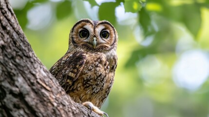 A juvenile southern white-faced owl perched on a tree branch, its large, expressive eyes gazing directly at the camera against a soft green bokeh background. : Generative AI