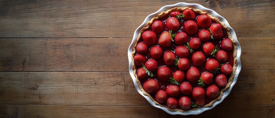 Strawberry dessert pie on a wooden table.
