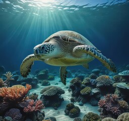 Majestic green sea turtle explores a dazzling coral garden in a deep blue ocean ,  tropical,  animal,  habitat