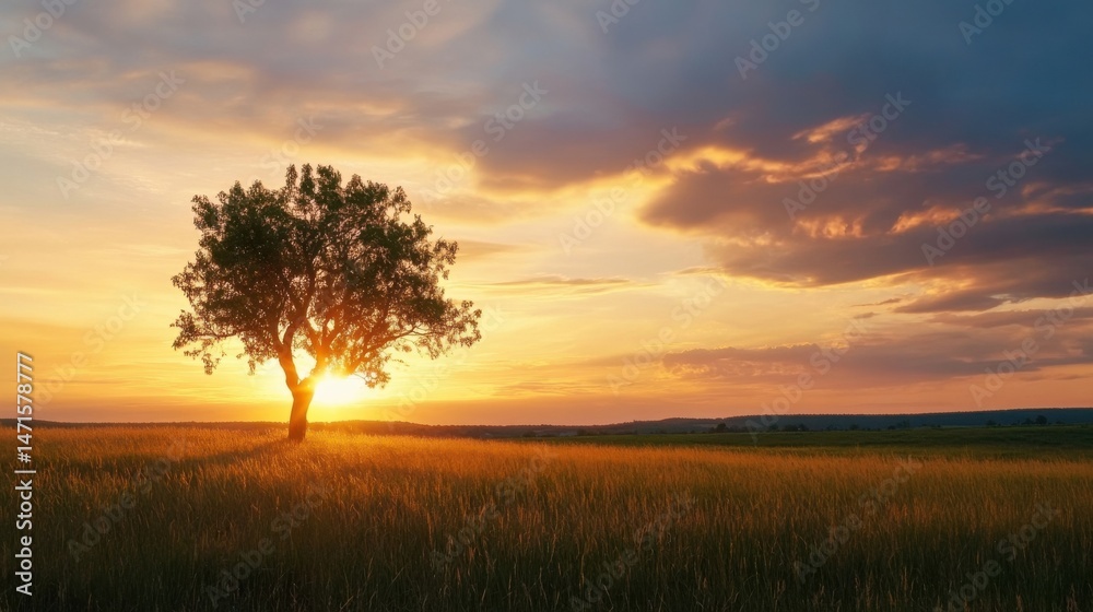 Aufkleber Silhouette of a lone tree in a golden field at sunset, the sun setting behind it, casting a warm glow across the landscape. : Generative AI